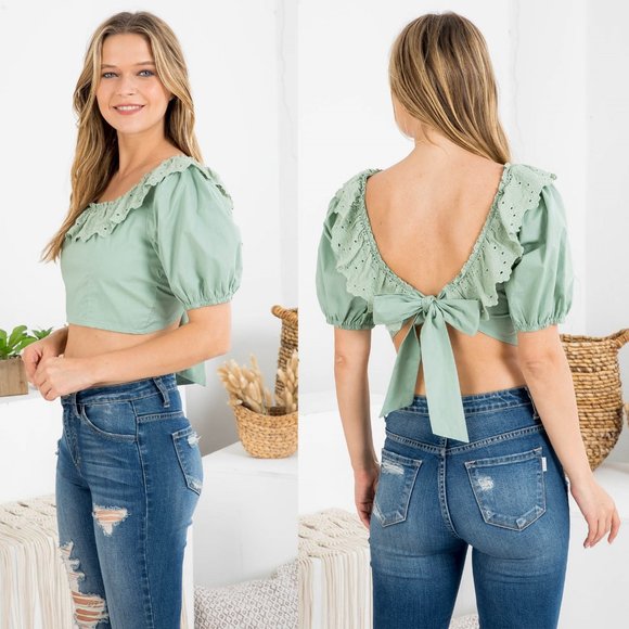NEW Sage Moss Green 100% Cotton Eyelet Embroidered Ruffle Bow Tie Back Crop Top - Picture 5 of 9